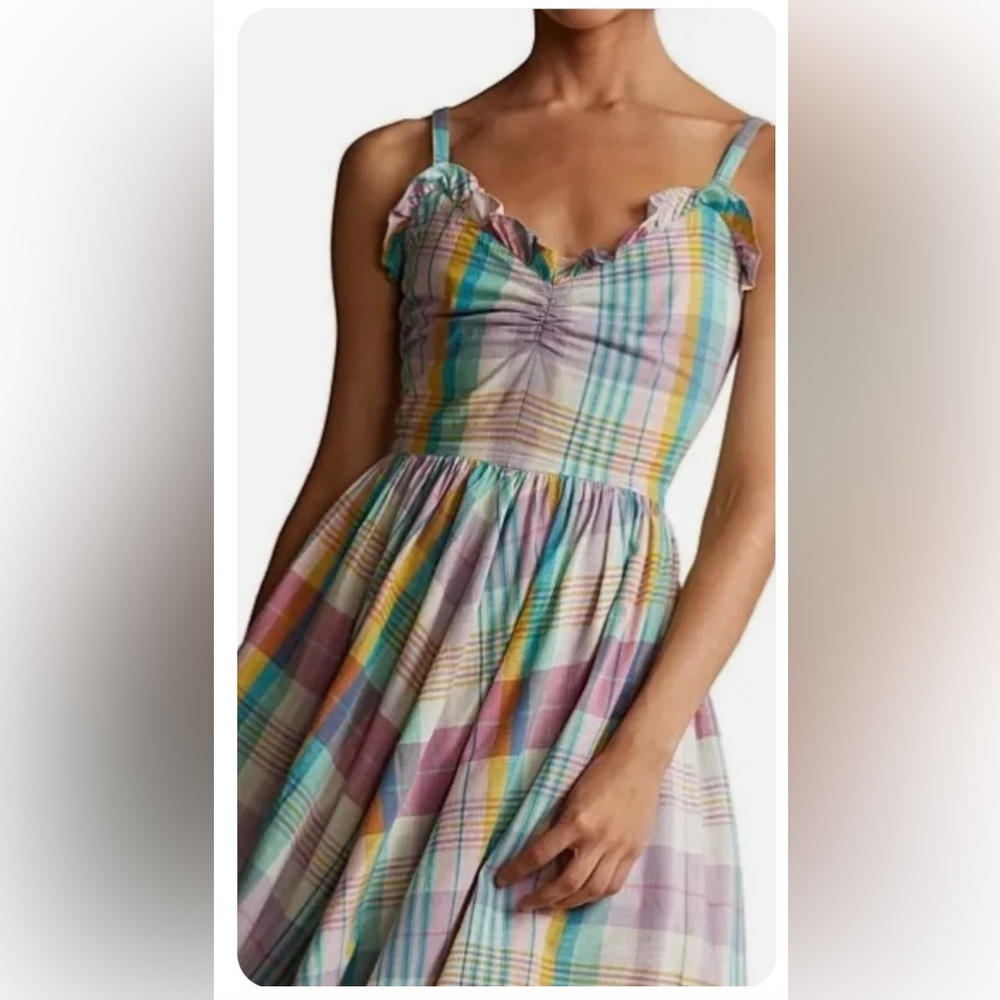 NWT Polo Ralph Lauren $248  Madras Ruffle Midi Cotton Dress - Picture 2 of 3
